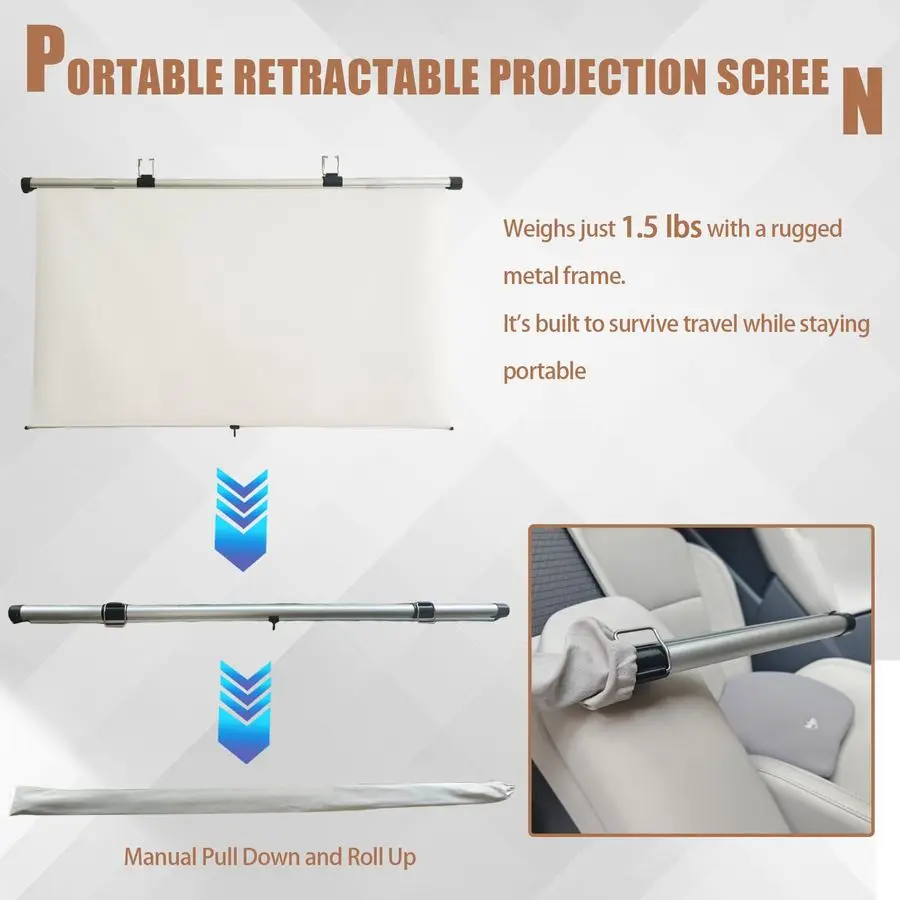 شاشة بروجيكتور للسيارة، 40 بوصة 169، سحب للأسفل وتدحرج تلقائي، قابلة للطي وصغيرة، شاشة عرض صغيرة قابلة للسحب، 4K HD