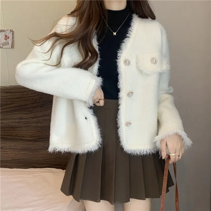 Cardigan Female Fashion Versatile Double sided Plush Coat Korean Long Sleeve V Neck Loose Coat Light Luxury Cardigan Coat Female