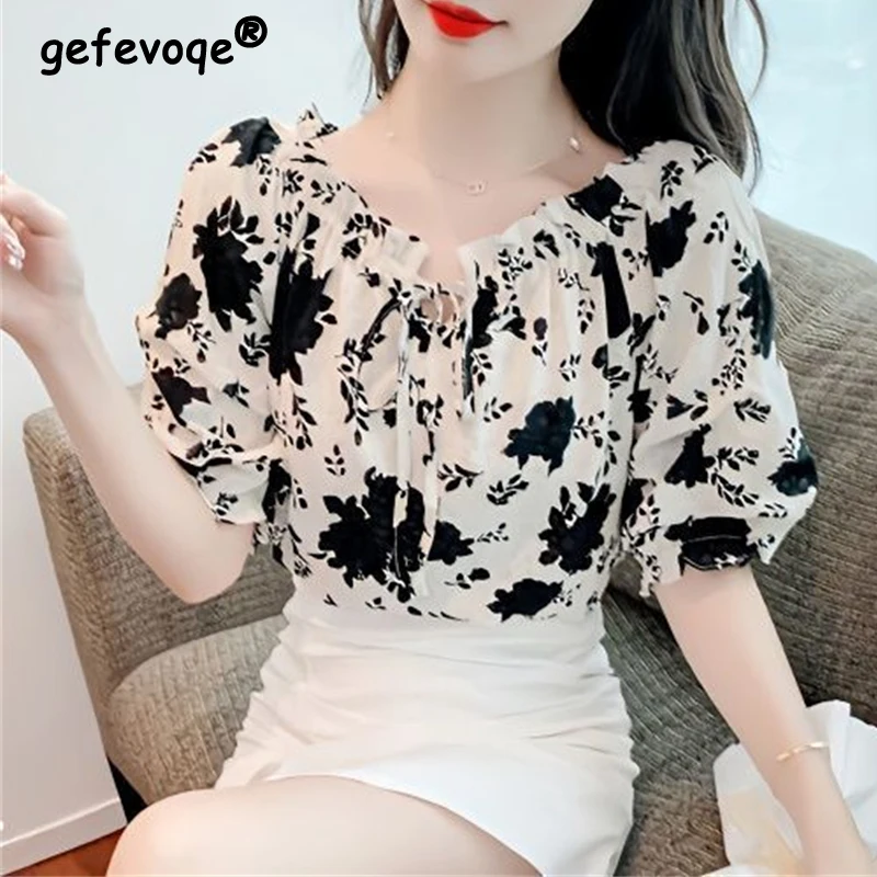 Women\'s Trendy Floral Print Lace Up Blouse 2024 Summer Sexy Off Shoulder Sweet Chic Shirt Female Casual Short Sleeve Loose Tops