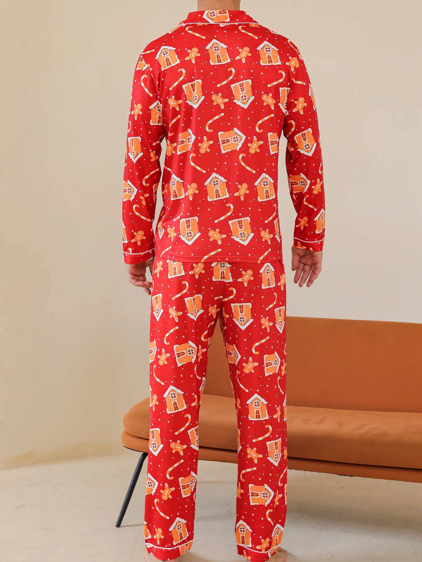 メンズスノーハウス柄パジャマセット,長袖パジャマ,パンツ,秋冬,2点セット
