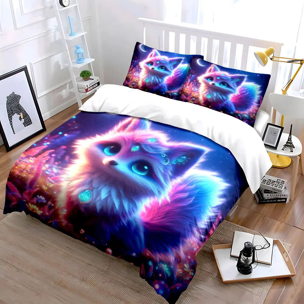 Enchanted glowing violet fox Print Bedding Set 1 Duvet Cover 2 Pillowcases for Adult and Children Luxury Gift Full Size