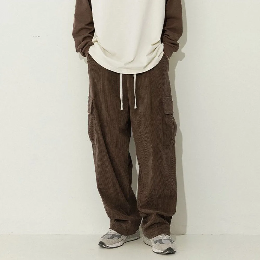 Japan Y2K Oversized Hip Hop Jogging Casual Brown Wide Baggy Cargo Pants Men Corduroy Sweatpants Retro Streetwear Harajuku Korean