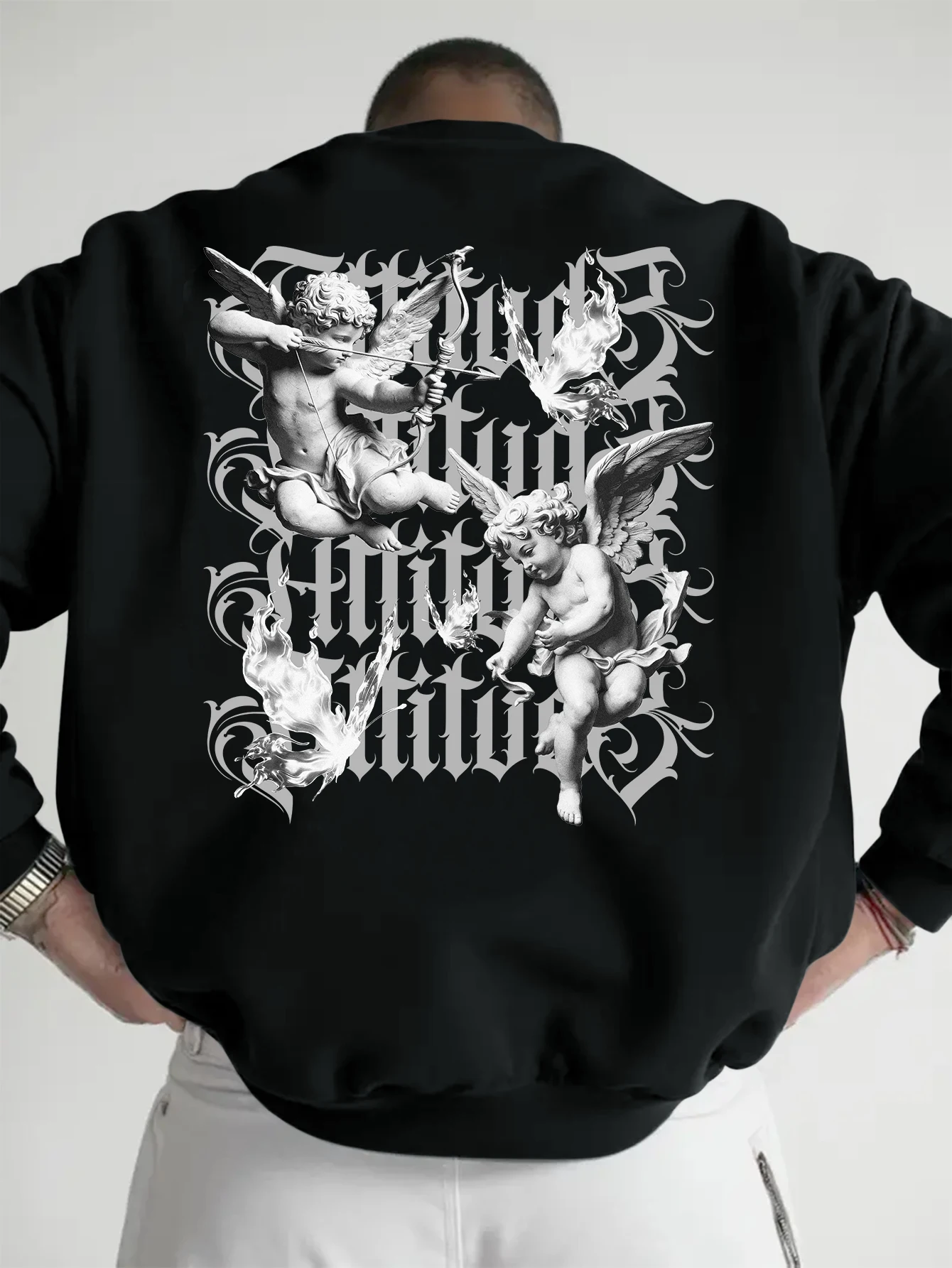 Men Gothic Twin Cherub Cupid Flame Butterfly Back Print Oversized Black CrewneckSweatshirt,Y2KDarkVintageStreetwearLoosePullover