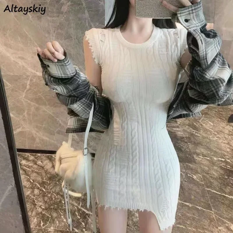 ノースリーブドレス女性ニットエレガントスリムミニセクシーなタッセル固体ファッションカジュアル Платье オルシック甘い素敵な女性