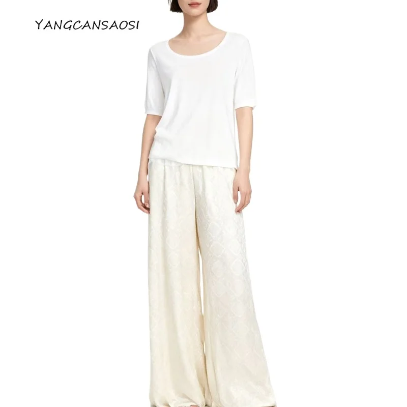 

Women's Casual Exquisite Jacquard Pattern 100% Natural Mulberry Silk HuaLuo Elastic Waist White Solid Versatile Wide Leg Pants