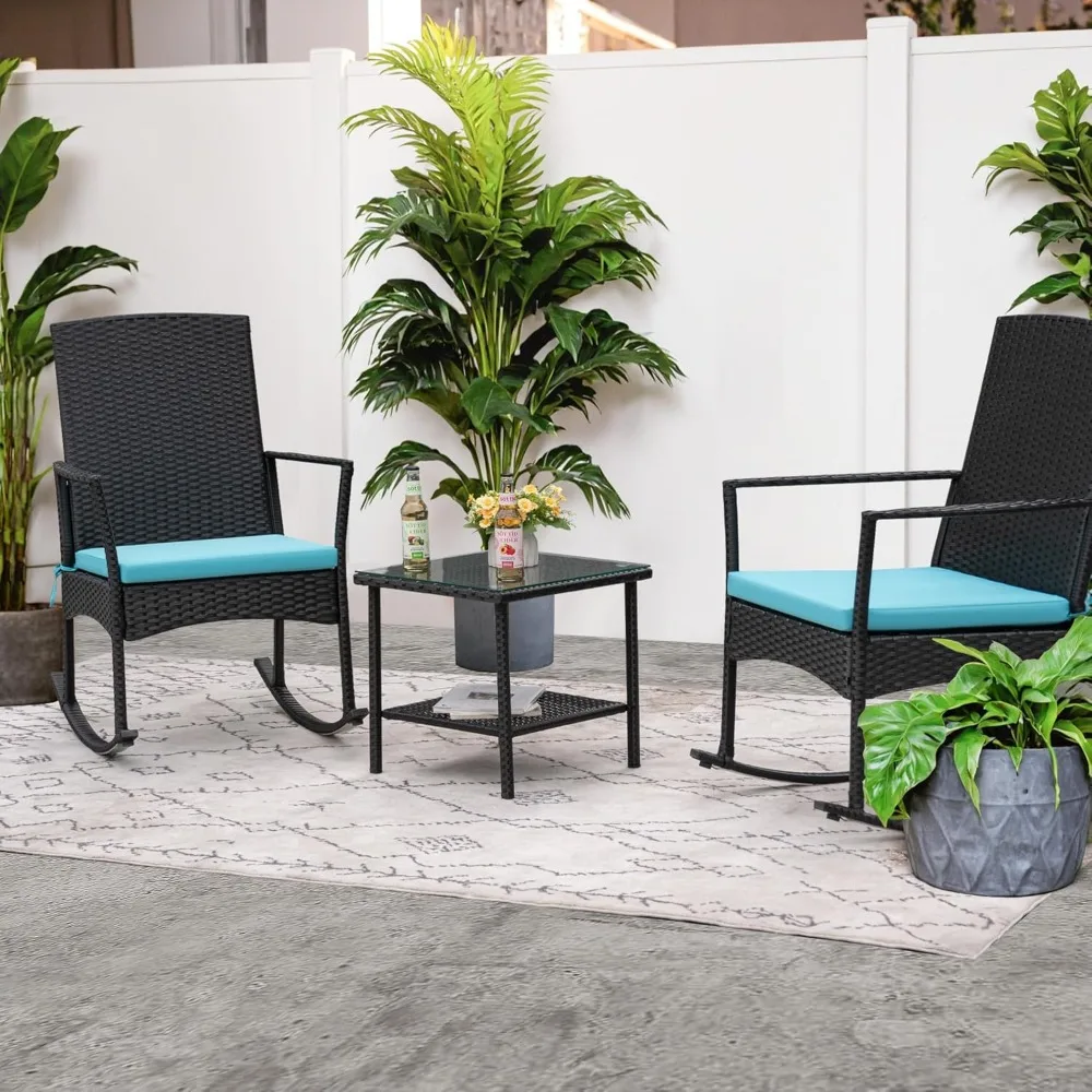 كرسي هزاز عالي الظهر للاستخدام الخارجي مع طاولة زجاجية، أثاث فناء من الخيزران PE للشرفة والحديقة والفناء الخلفي باللون الأزرق