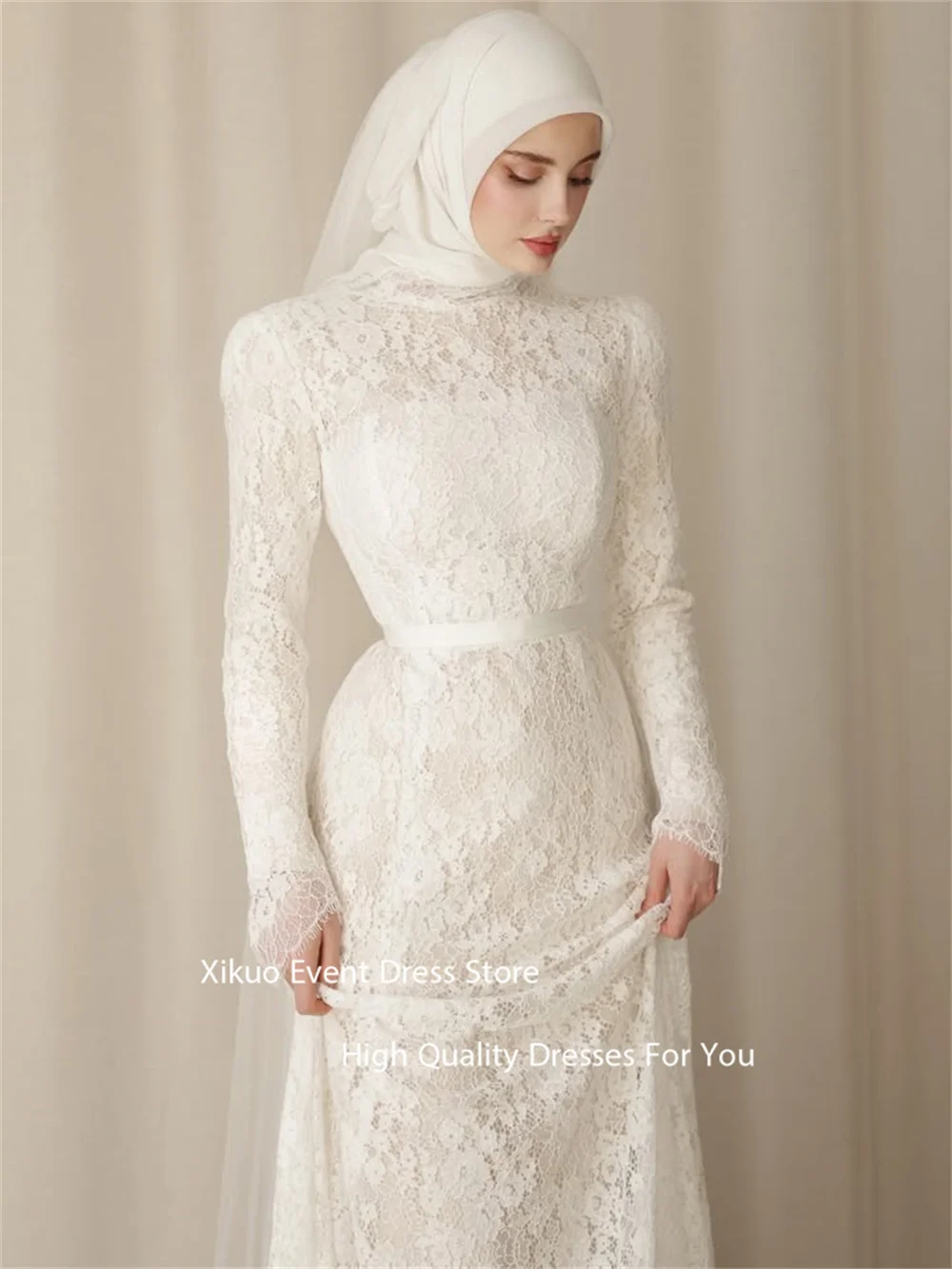 Xikuo – robe De soirée modeste, col haut, manches longues, avec des Appliques, ligne A, robes De soirée en dentelle, personnalisées