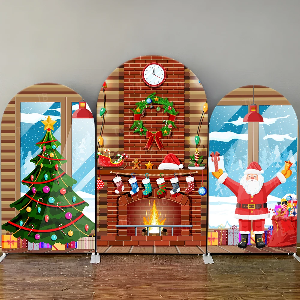 

Christmas Fireplace Arch Backdrop Cover with Tree Santa Stockings Decor for Festive Christmas Party Photo Booth Background