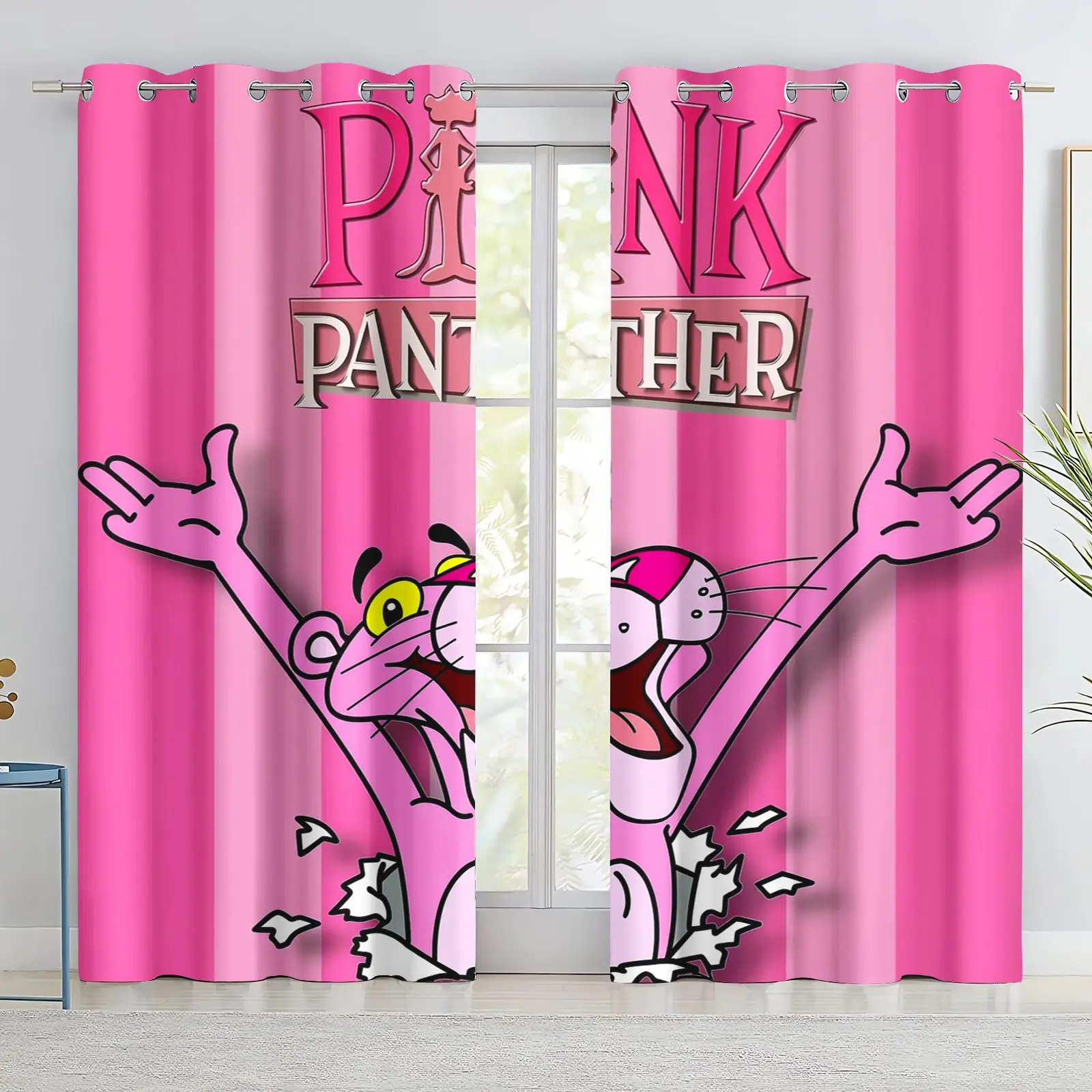 Pink Panther Letter Print Curtain Breaking Wall Design Pink Stripe Eyelet Curtain Girls Room Cartoon Window Drape
