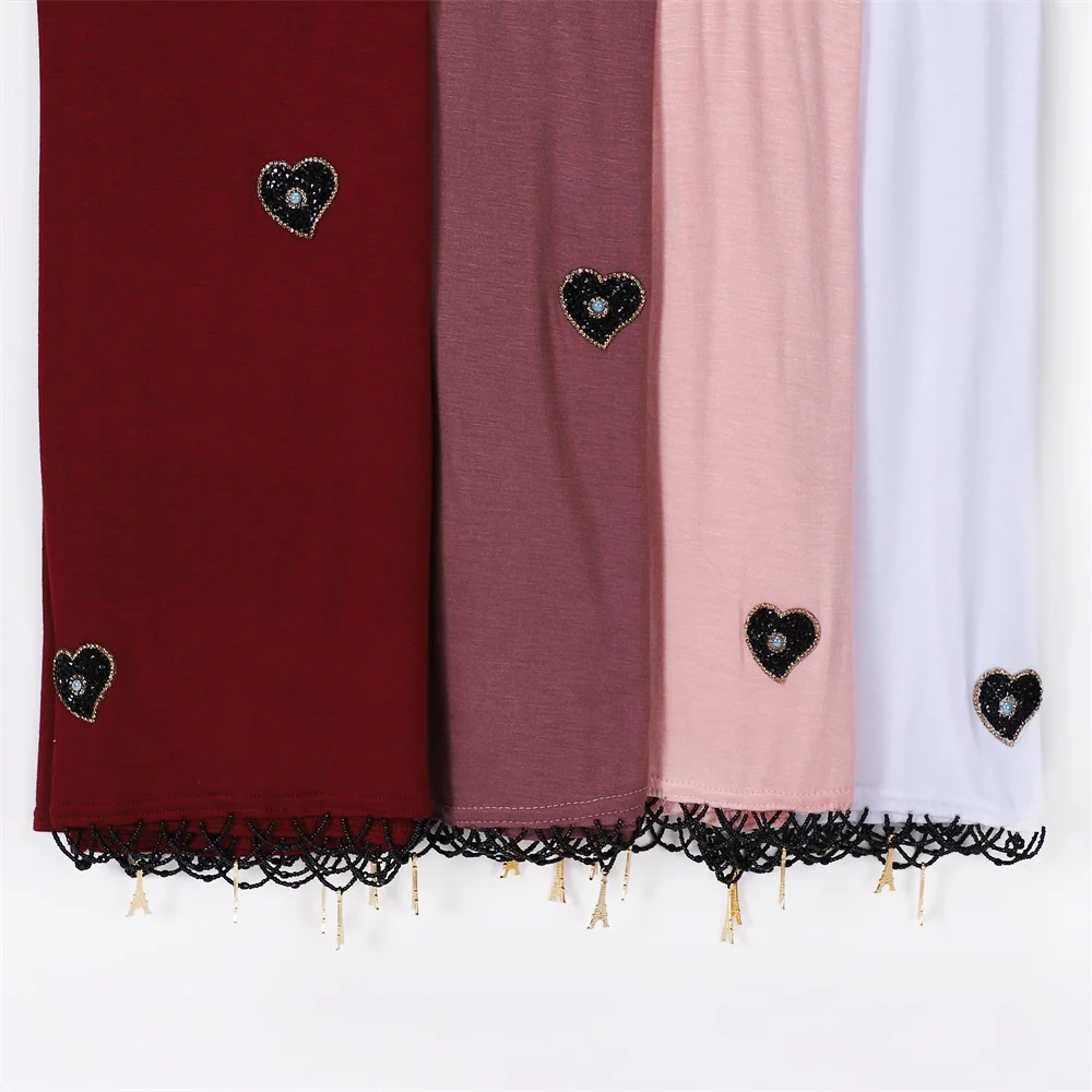 High Quality Cotton Stretchy Jersey Hijab Scarf With Heart-shaped Rhinestone Beading Tassel Headscarf Wraps Premium Solid Shawl