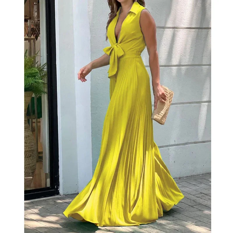 Sexy Deep V Neck Bow High Waist Party Wide Leg Jumpsuit Women New Summer Fashion Elegant Sleeveless Streetwear Romper Pants 2023