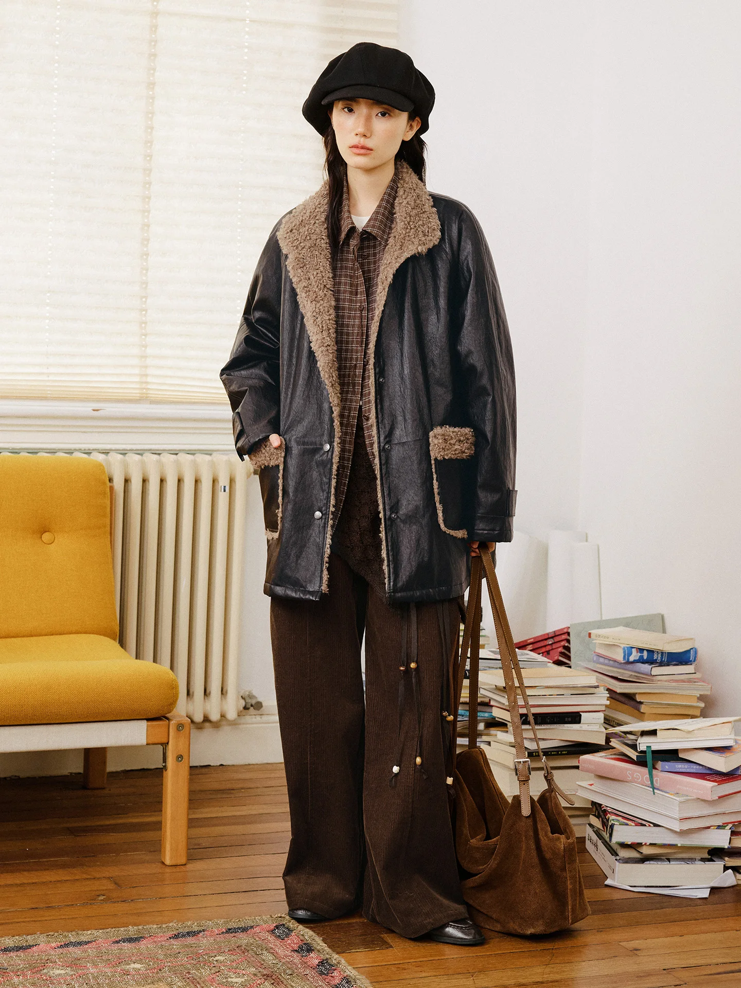 Octopusme レトロ ロングジャケット コットン レディース コート ファー付き パッチワーク レザー コットンブレンド 通勤 スタイル