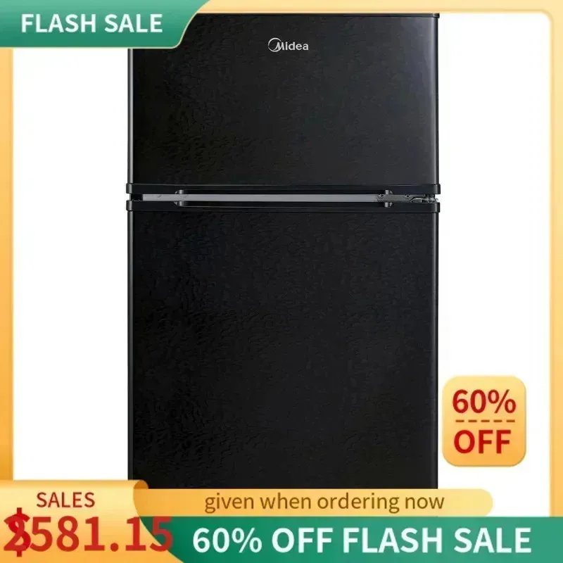 PMD4-Midea WHD-113FB1 ثلاجة صغيرة بباب مزدوج مع فريزر قابل للتعديل وإزالة الأرفف الزجاجية ثلاجة مدمجة، 3.1 قدم مكعب، $R