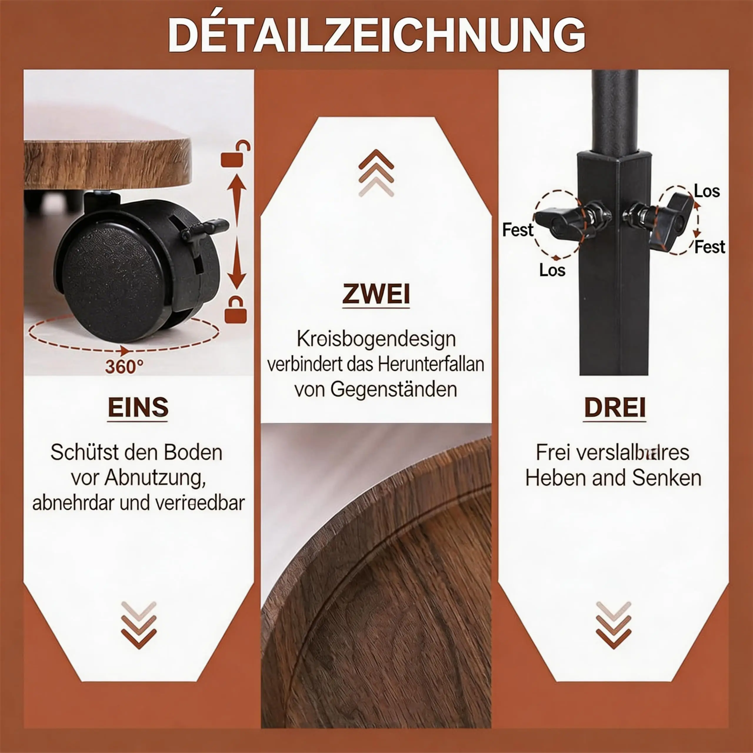 Afbeelding 5: Bijzettafel met wielen, salontafel Ronde C-vormige bijzettafel in hoogte verstelbaar 45-80cm, kleine tafel met 360° draaibare functie °   draaibare bar – bank- of bedbijzettafel voor woonkamer, slaapkamer, houtverf