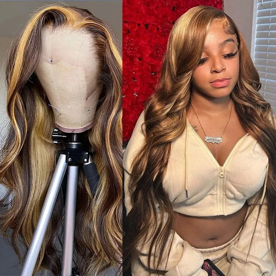 4/27 Blonde Highlight Body Wave Lace Front Human Hair Wig HD 13x4 Lace Frontal Human Hair Colored Wig For Women 250% Density