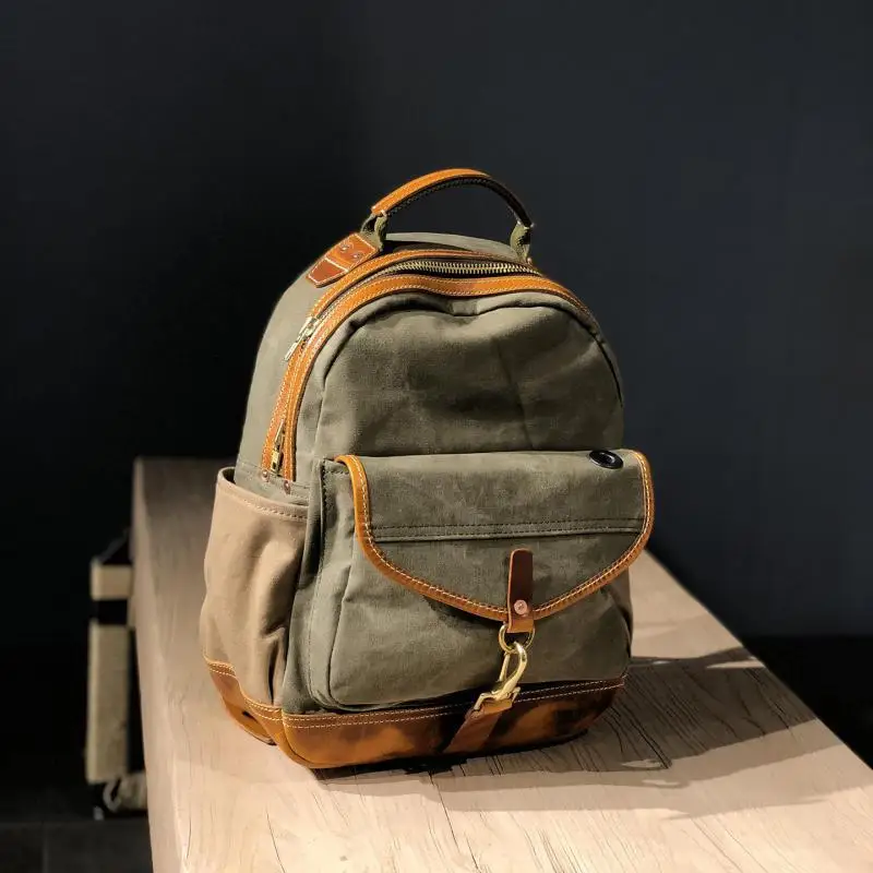 حقيبة ظهر كاجوال للرجال والنساء مصنوعة يدويًا من الجلد من الطبقة الأولى مصنوعة يدويًا من القماش الكتاني لعطلة نهاية الأسبوع الفاخرة لتسلق الجبال