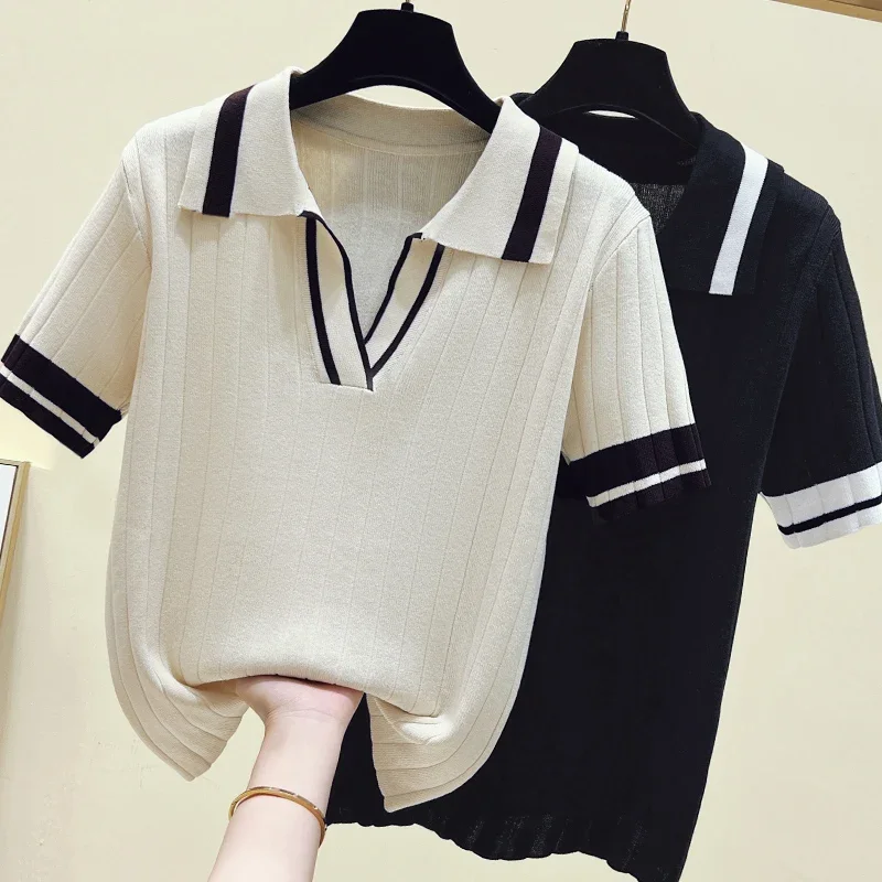 

Summer Knitted Sweater Tshirt Women Casual Fashion Basic Split Tees Tops Short Sleeve Polo Collar Ladies Knitwear Jumpers Z102