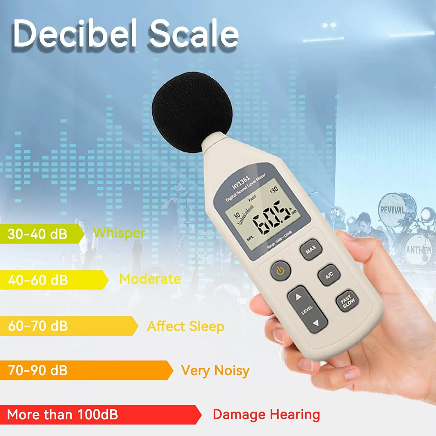 Medidor de nivel de sonido Digital de decibelios 30-130dB, probador de medición de ruido de decibelios, valor máximo bloqueado, medidor de ruido acústico LCD