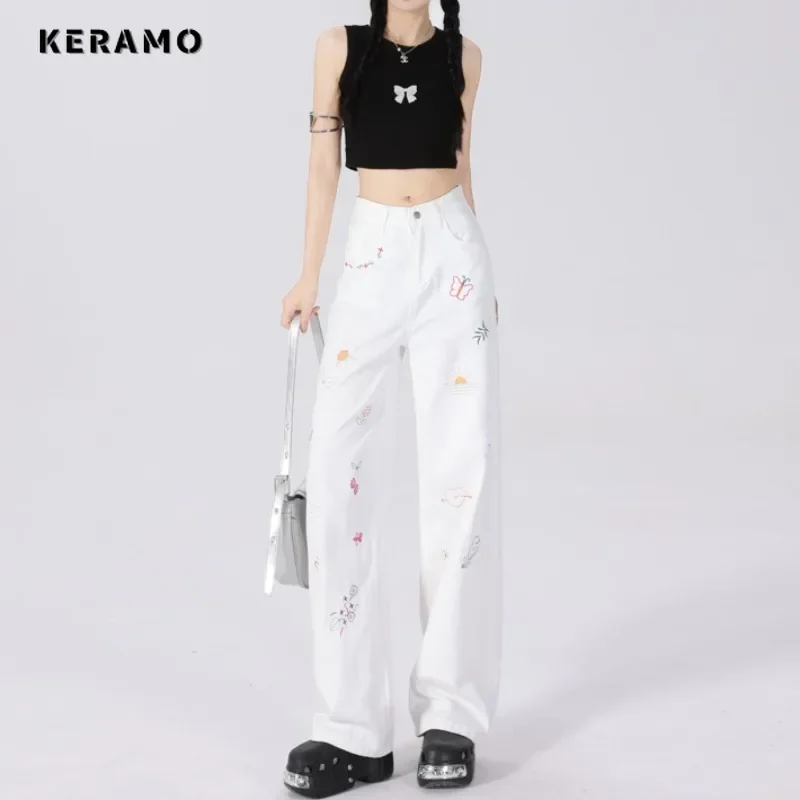 2024 Autumn Women's Casual Harajuku White Jeans Vintage Print Emo Loose Washed Pants Y2K Wide Leg Elegant Baggy Denim Trouser