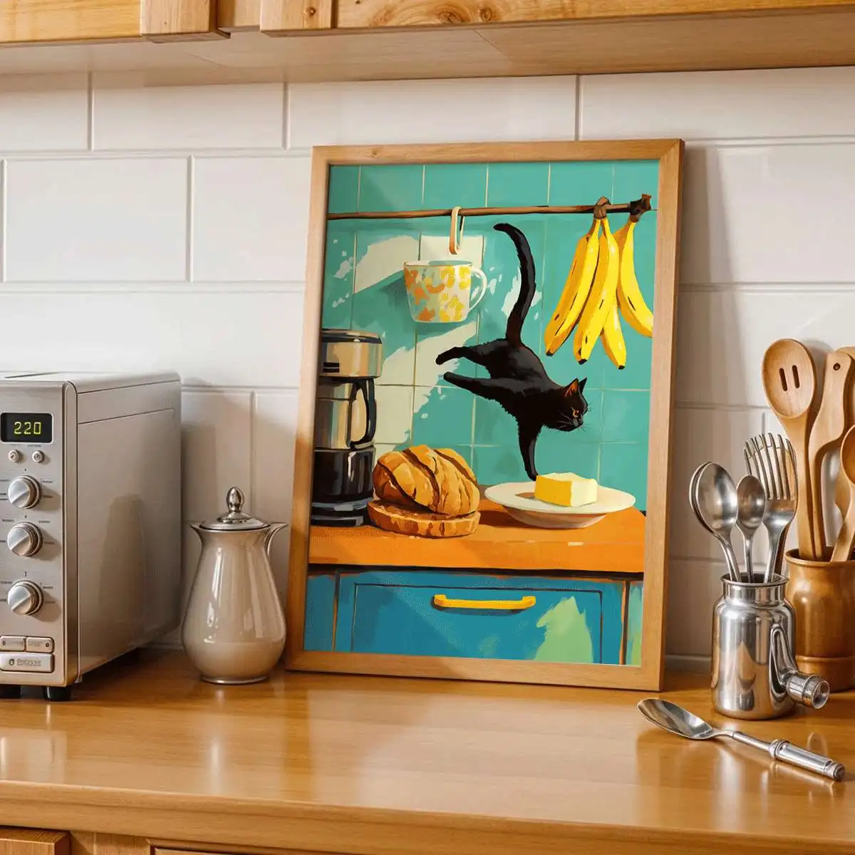 Retro mischievous black cat canvas wall decoration, 2D printed poster, for kitchen, dining room and living room home decoration