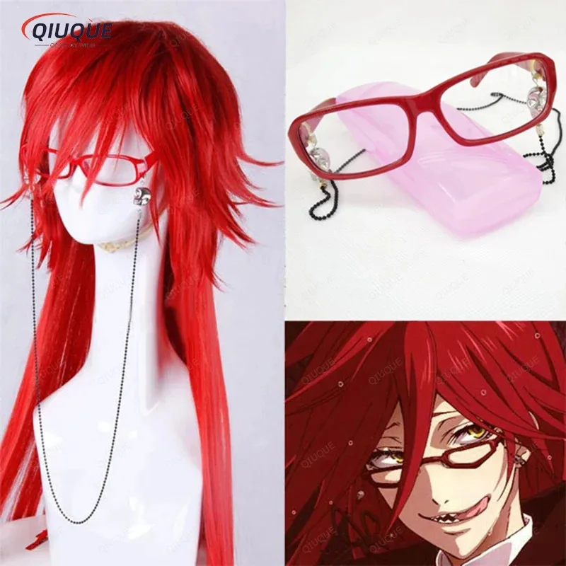 

LQ100CM Long Bright Red Grell Sutcliff Heat Resistant Hair Kuroshitsuji Black Butler Cosplay Costume Wig + Skull Chain Glasses