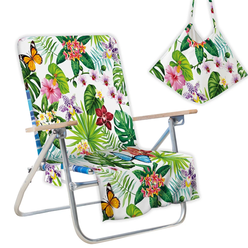 

Green Plant Summer Microfiber Recliner Beach Towel Print Sunbathing Sling Chair Cover with Pocket Lazy Lounger Chair Beach Towel