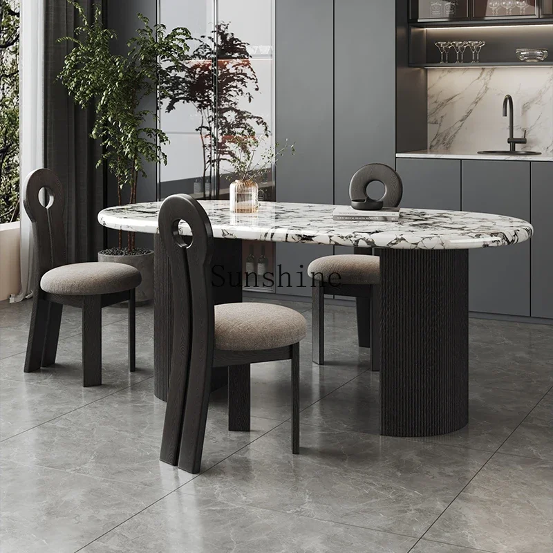 Marble slate dining table Italian retro light luxury simple oval dining table and chair combination       FT