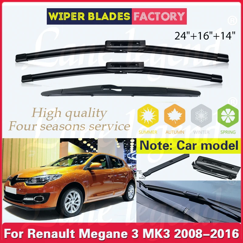 

For Renault Megane 3 MK3 2008 - 2016 Car Front Rear Wiper Blades Windshield Windscreen Window 24"16"14" 2010 2011 2012 2013 2014