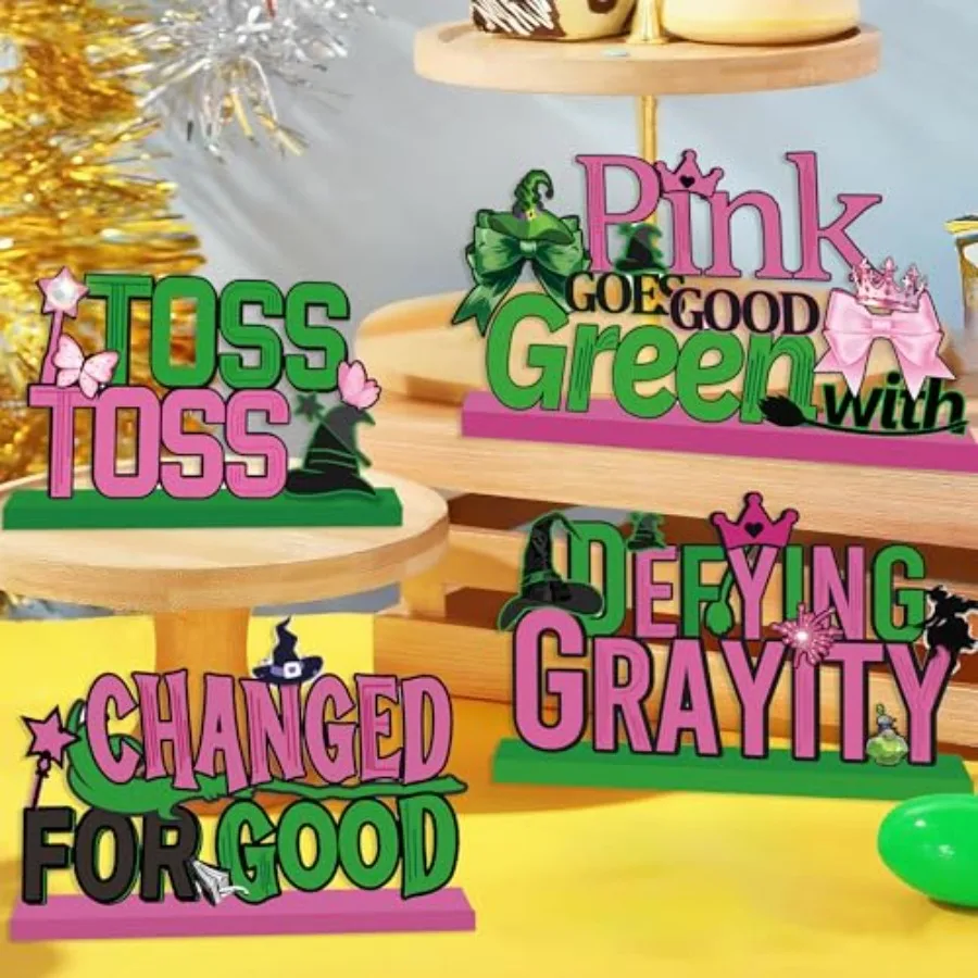 4PCS Wooden Wicked Party Decorations Pink and Green Table Centerpiece for Birthday Halloween Christmas Parties Perfect for Wick