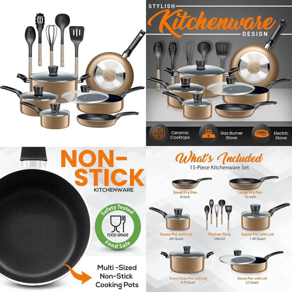 

15-Piece Non-Stick Black Cookware Set with Heat-Resistant Gold Lacquer