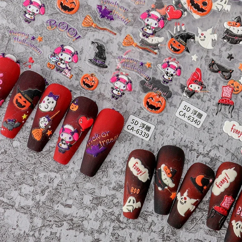 Halloween Sanrio Series Relief Nail Stickers Cartoon Hello Kitty Melody Cinnamoroll Girl Holiday Theme Nail Art DIY Decoration