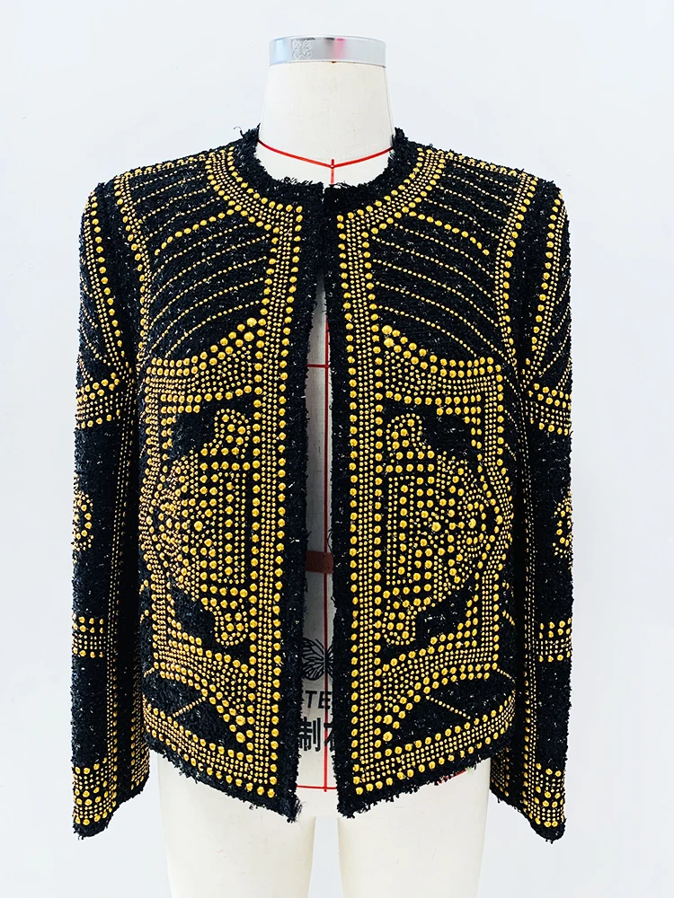 HIGH QUALITY Newest F/W 2024 Designer Fashion Women Metal Rivet Embellished Tweed Jacket