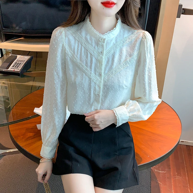 New Long Sleeve Blouse Women Stand Collar Apricot Chiffon Blouse Shirt Women Tops Blusas Mujer De Moda 2024 Shirts Blouses G421