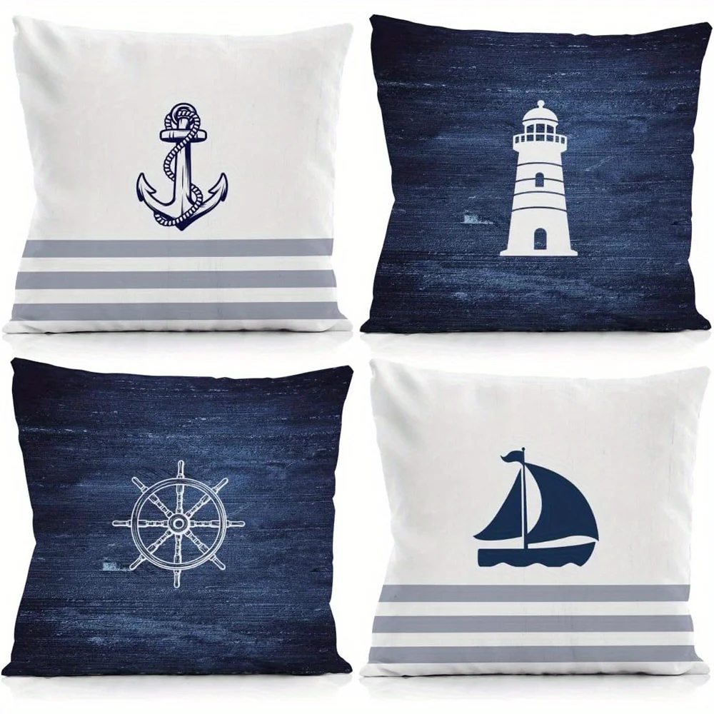 Navy Blue Nautical PatternDouble-sided Printed pillow cover Short plush Suitable living rooms bedrooms sofas throw cushion cover