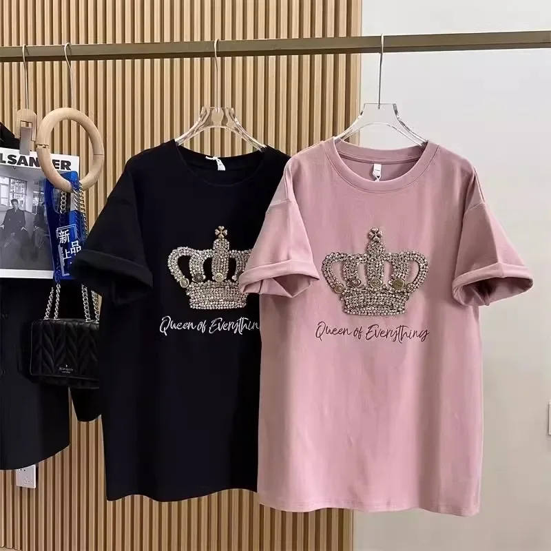 Crown Beading Diamond-studded Women\'s Plus Size T-shirt XL-4XL Letter Print Female New Tees 2024 Summer Cotton Short Sleeve Tops