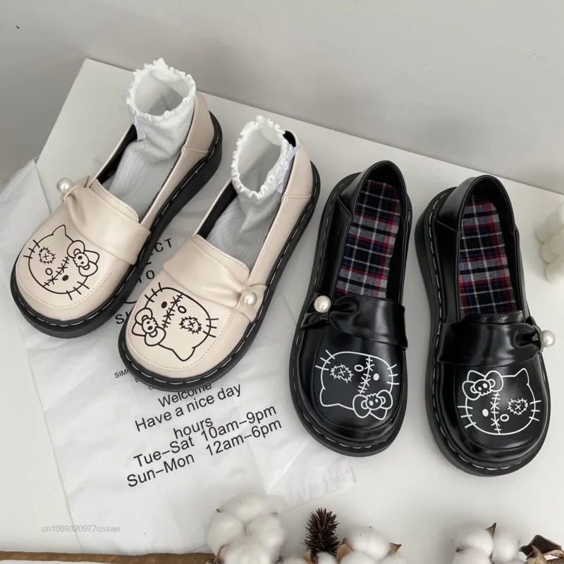 Sanrio Cute Hello Kitty Punk Fashion PU Leather Mary Jane Shoes For Women, Jk Uniform Flats 2cm Flat Heels Shoes For Students