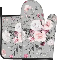 Gray Flower Oven Mitts and Pot Holders Sets Pink Roses Oven Gloves Hot Pads Kitchen Heat Resistant Potholders for Cooking Baking