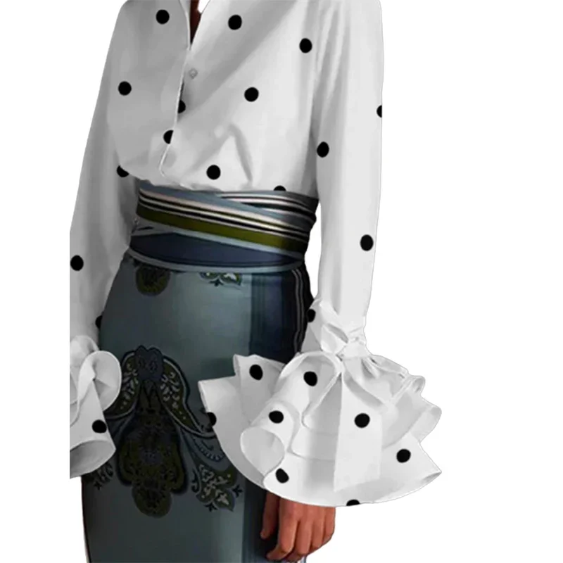 Yeezzi Urban Female Flared Sleeves Falbala Polka-Dot Lapel Blouses 2024 Spring Casual Office Going Out Shirts Tops For Women