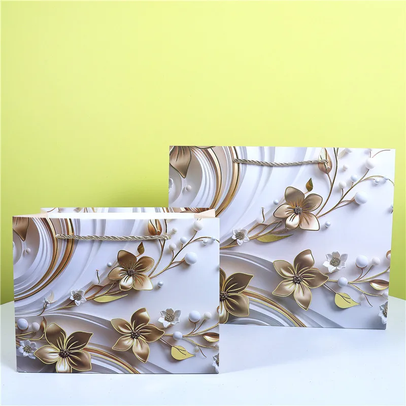 Horizontal Gold Stamping White Cardboard Handheld Paper Bag Rose Flower Packaging Gift Bags Packing Shopping
