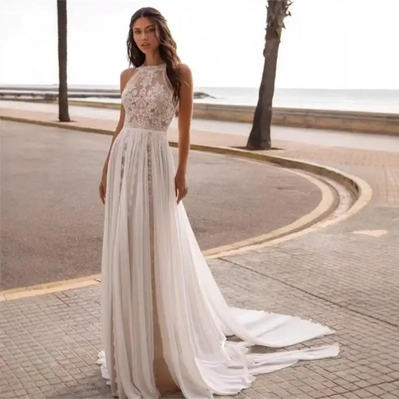 Sexy Lace Halter Neck Wedding Dress Appliques See Through Illusion Back A Line Bridal Gown Floor Length  vestido de novia