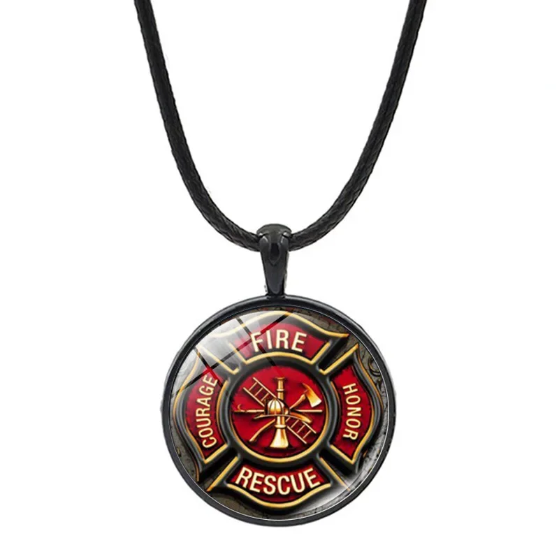 Classic Rescue Firefighter Glass Necklace Fashion Personality Men's Unisex Jewelry Gift Black Leather Rope Pendant Necklaces