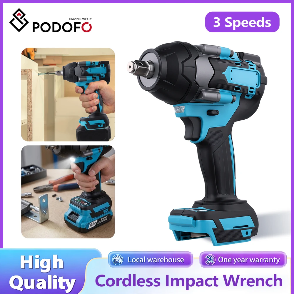 Llave de impacto eléctrica sin escobillas Podofo de 1/2 pulgada, alto torque de 1800 N.m, taladro atornillador inalámbrico industrial para batería Makita