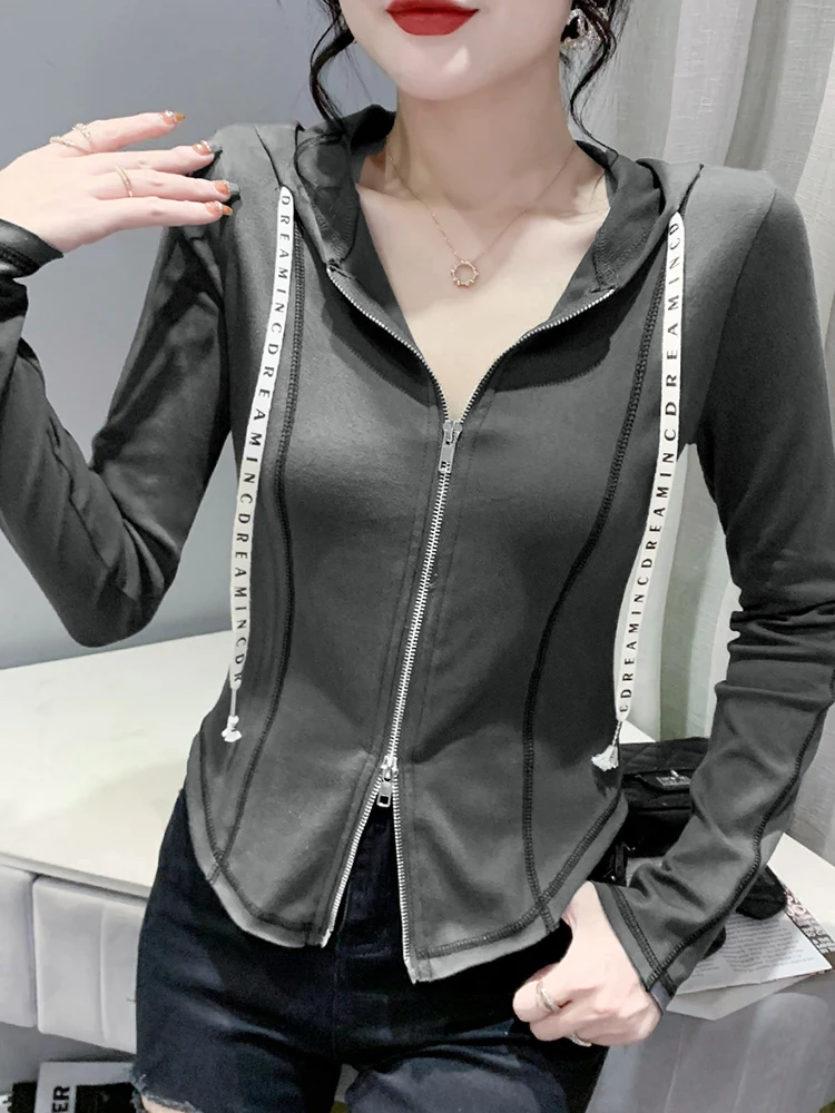 

Zipper Hoodie Women's Design Sensation Autumn Fashion Slimming Base Shirt Trendy Casual Top V-neck Long Sleeve Korean Style