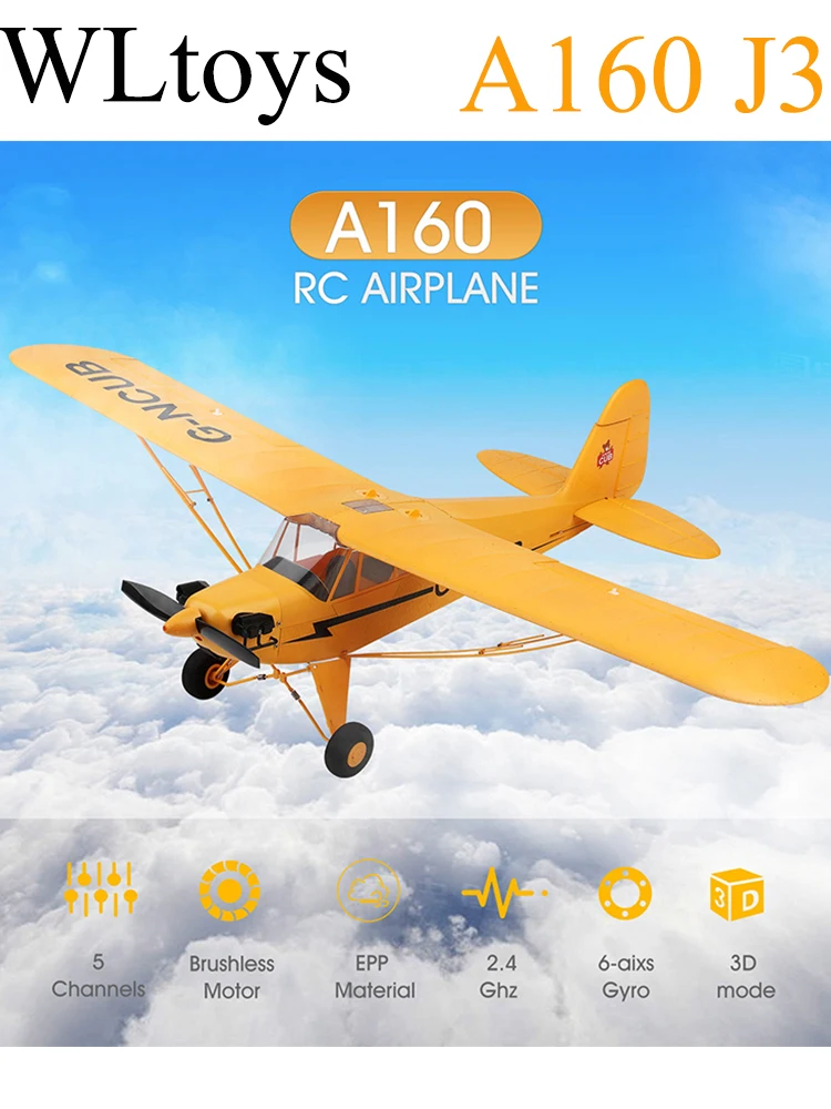 Heißer Verkauf RC Flugzeug RTF 2,4G Bürstenlosen Motor 3D/6G Fernbedienung Flugzeug Wltoys A160 Verbesserte J3-CUB Ready To Fly