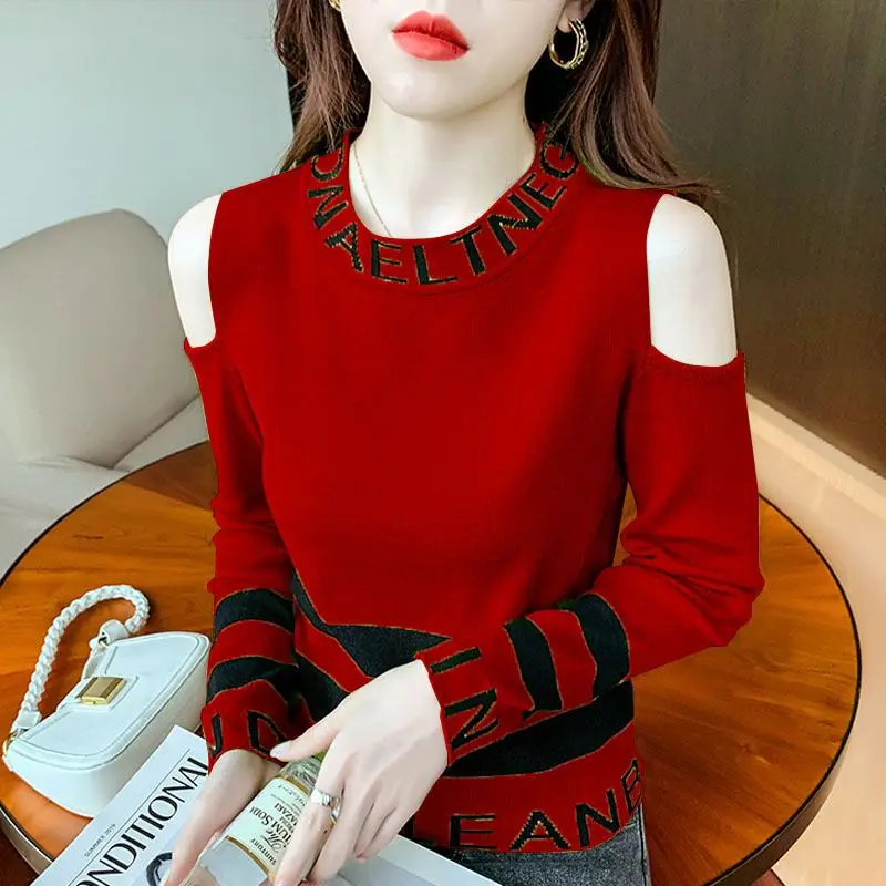 

Female Trend Contrast Color Letter Knitted Tops Autumn Winter Women's Clothing Casual Korean Long Sleeve Hollow Out Sweaters