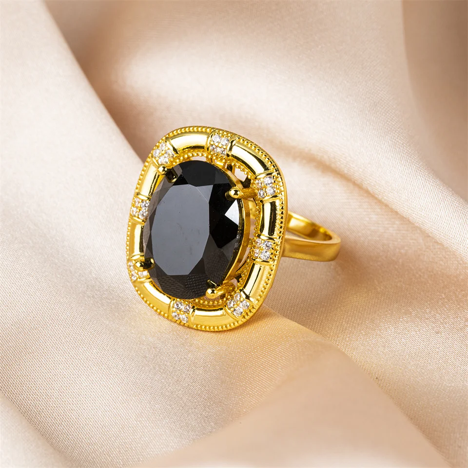 Natural Black Spinel Ring Real 925 Sterling Silver Yellow Gold Gemstone 16*12mm Jewelry for Woman Cocktail Rings Party Outfits