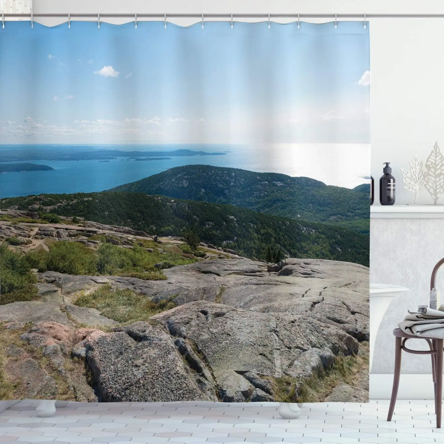 

Занавеска для душа «Горное озеро», живописный вид, природный пейзаж, скальный скальф, океанское небо, декор для ванны, водонепроницаемая ткань, аксессуары для дома