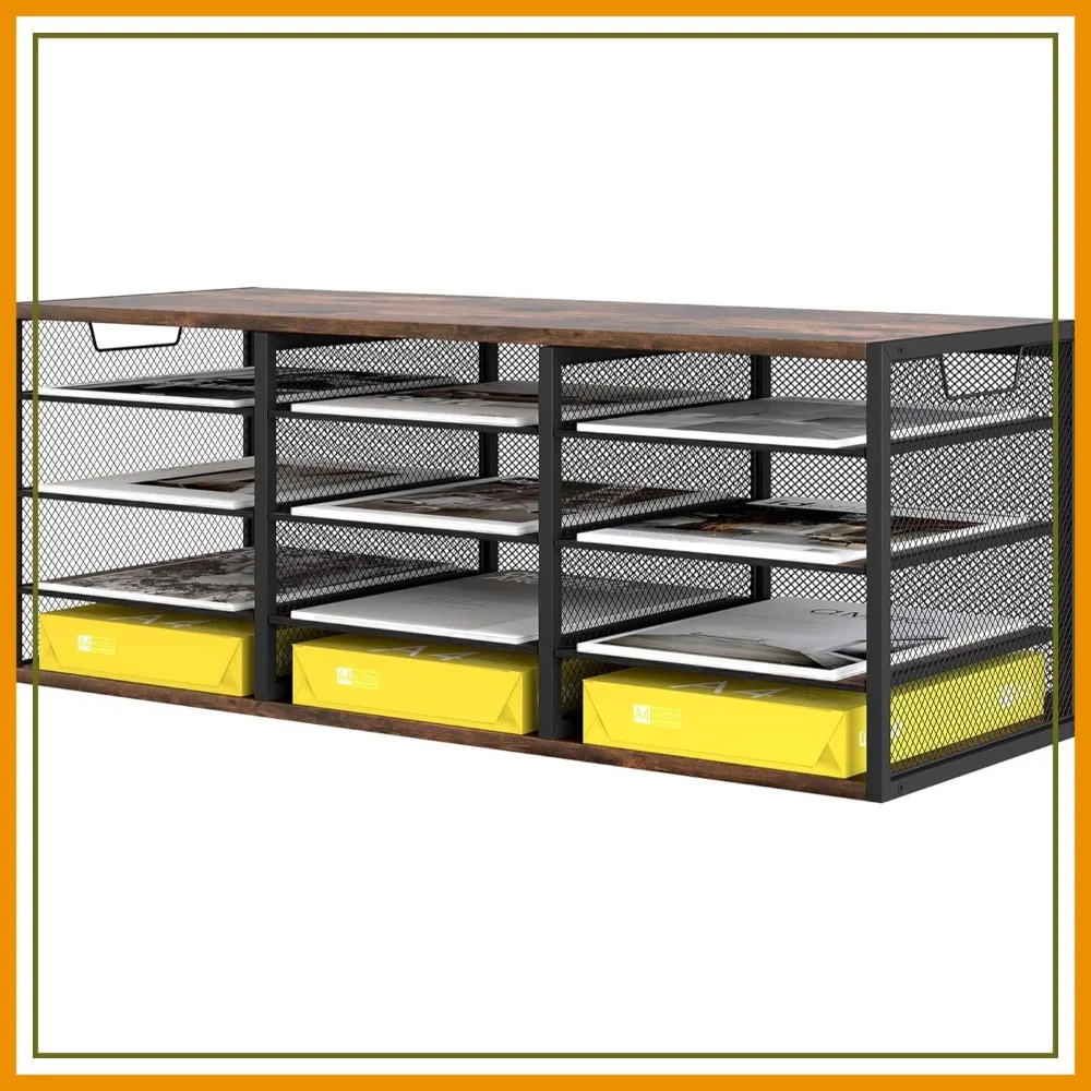 

12 Compartments Desktop Literature Organizer, Metal Frame Paper Sorter with Handles, Heavy Duty Mailbox for Classroom and Office, Wood File Organizer for Document, Bill, Magazine