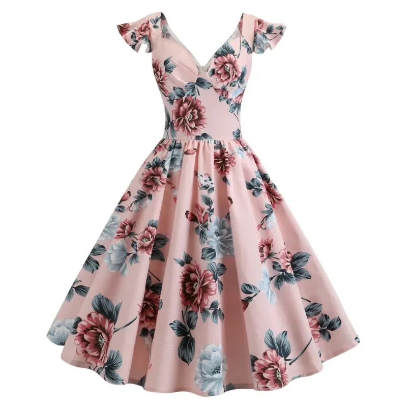 

2024 New Hepburn Retro Women's V Neck Floral Print Butterfly Sleeve Cotton A Line Dress Lady Evening Party Vintage Swing Dresses