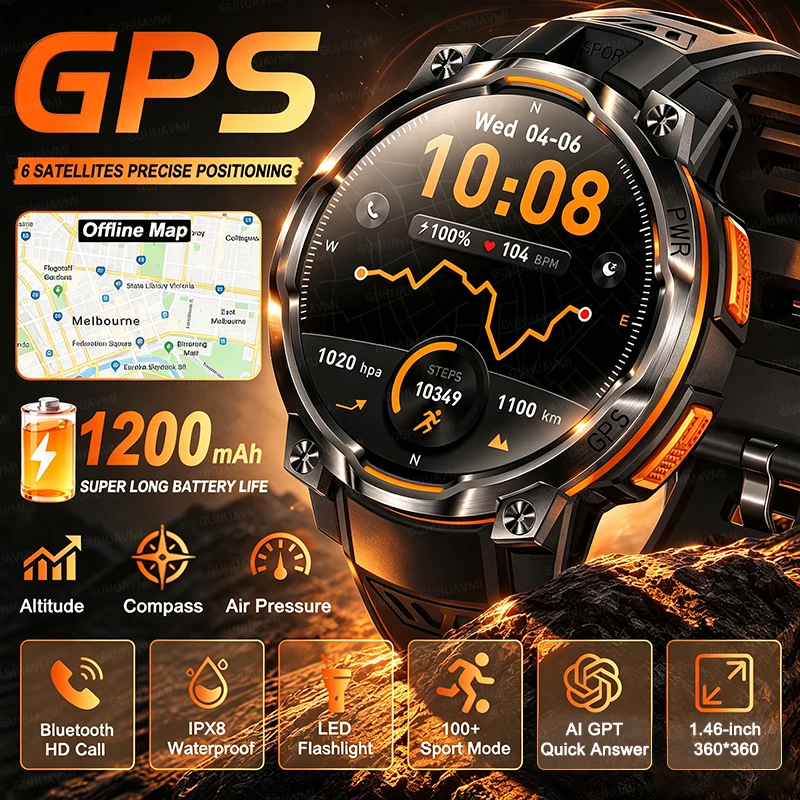 2026 New GPS Offline Map Smart Watch 1200mAh Battery Altimeter Flashlight AI Chat-GPT IPX8 Waterproof BT Call Men Sports Watches